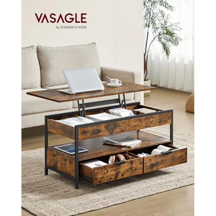 VASAGLE Couchtisch, höhenverstellbarer Wohnzimmertisch, Kaffeetisch, mit Schubladen, offenes Fach, 50 x 100 cm, vintagebraun-tintenschwarz LCT209K01 – Bild 3