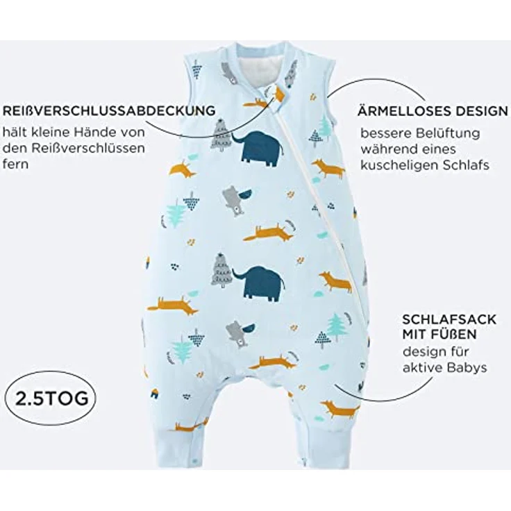 Duomiaomiao Baby Schlafsack, 1x Ganzjahresschlafsack, 2.5tog-elefanten Dschungel, 95cm / Babygröße 100-110cm, 100% Baumwolle – Bild 5