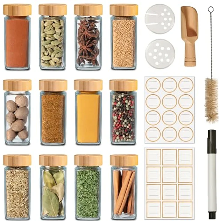 Praknu Gewürzstreuer Gewürzgläser Eckig mit Bambusdeckel - 12er Set - Gewürz Organizer, (12-tlg), 120 ml Gewürz Organizer - Gewürzdosen - Gewürzgläser - Gewürzbehälter – Bild 1