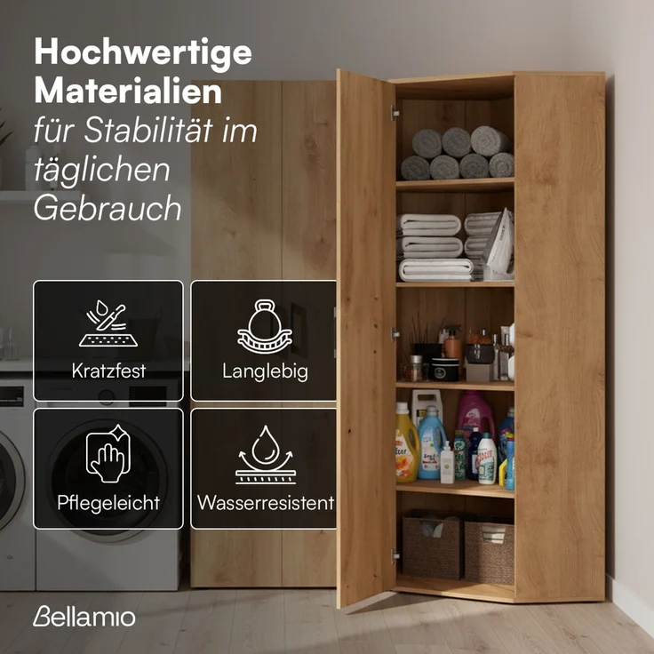 Bellamio 'Apol' Eckschrank, Eichenoptik, 176x63x63 cm, Mehrzweckschrank mit 5 Fächern, inkl. 2 verstellbaren Einlegeböden – Bild 5