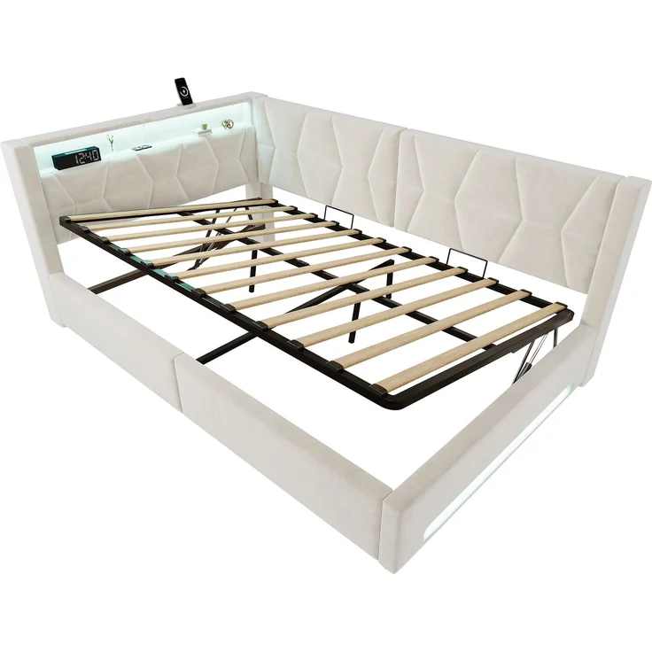 LVHOM Einzelbett 140x200 cm mit Stauraum, Polsterbett mit LED, USB und Type-C, Jugendbett, Hydraulischem Bettgestell, Samt, Beige – Bild 2