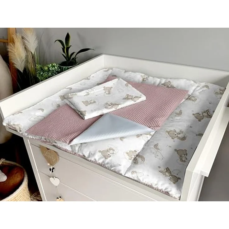 Wickelauflage Set 6-teilig – Wickelunterlage aus Baumwolle & Waffelstoff – Baby Wickelauflage – Geschenk zur Babyparty – Wickeltischauflage – 75x75 cm (Breite x Tiefe), Teddy und rosa – Bild 7