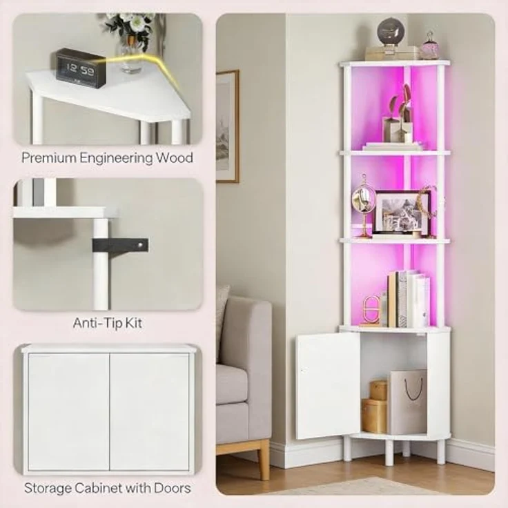 GarveeHome Platzsparendes Eckregal mit LED-Beleuchtung – 5-stufiges industrielles Bücherregal mit Türen – Stabiles Aufbewahrungsregal für Wohnzimmer oder Küche – Vielseitig einsetzbar, 140 cm hoch – – Bild 3