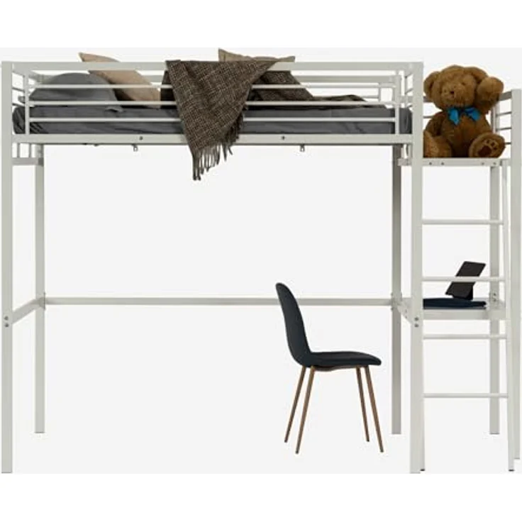 MEUBLE COSY Hochbett 140x190 cm Bettrahmen Etagenbett mit Lattenroste und Schreibtisch aus Glas und Metall, Industriell, für Erwachsene und Kinder, Weiß – Bild 6