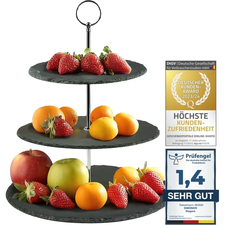 Dimono Etagere Deluxe Servier-Ständer, Schiefer Naturstein, (3-Etagen Servierschalen, Obst- & Gemüseschale), Servierschalen für Desserts, Obst, Gemüse, Süßes uvm. – Bild 1