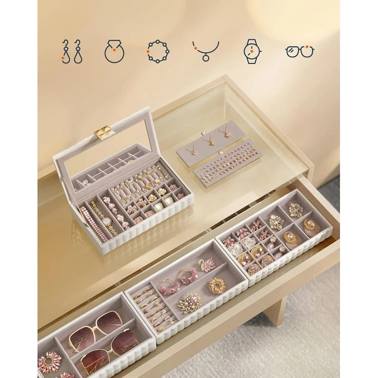 Songmics HOME ANAH Kollektion - Schmuckkästchen stapelbar mit Spiegel, 4 Ebenen Schmuckaufbewahrung, PU mit Nähten, schwebender Effekt, 17 x 28 x 20,5 cm, Geschenkidee, wolkenweiß – Bild 4