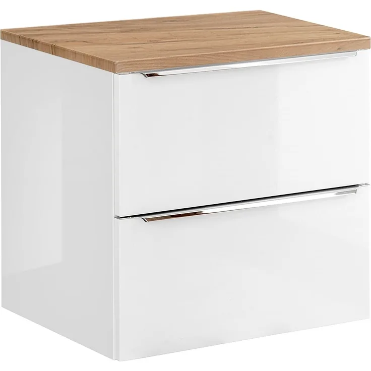 Waschtischunterschrank 61cm mit 2 Auszügen TOSKANA-56 in Hochglanz weiß mit Wotaneiche, B/H/T ca. 61/59,5/46 cm