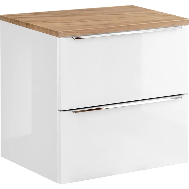 Waschtischunterschrank 61cm mit 2 Auszügen TOSKANA-56 in Hochglanz weiß mit Wotaneiche, B/H/T ca. 61/59,5/46 cm – Bild 1