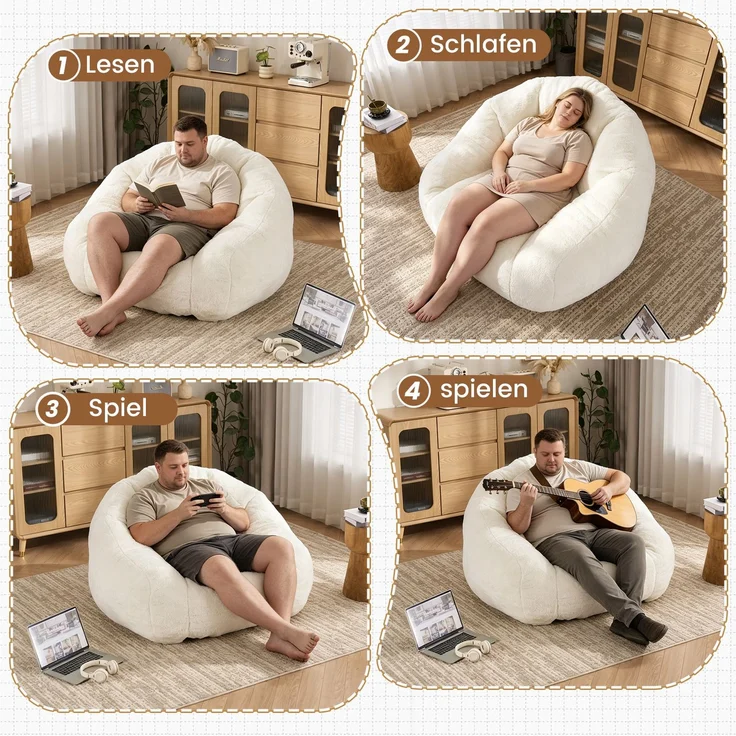 Sitzsack für Erwachsene, flauschiger Loungesessel aus Kunstfell, vakuumverpackt und montagefrei, für Wohnzimmer, Schlafzimmer, Balkon - Groß(Cremefarben)--Weiß--111x123x75cm--YOUDENOVA – Bild 7