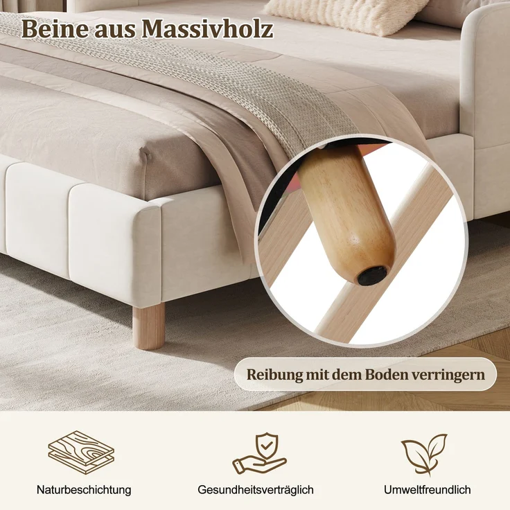 Merax Polsterbett, Kinderbett 140x190 cm, Bett mit und gepolstertes Kopfteil und Rausfallschutz, Bettbeine aus Massivholz, Samt, beige – Bild 7