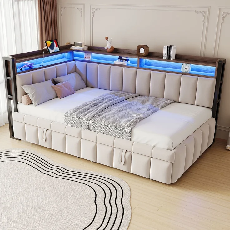 Merax Einzelbett, 90x200cm Polsterbett, Schlafsofa, mit Ausziehbett, LED-Beleuchtung und Ablagefächern am Kopf- und Fußende, Ausgestattet mit USB- und Typ-C-Anschlüssen, Samtstoff Beige – Bild 2