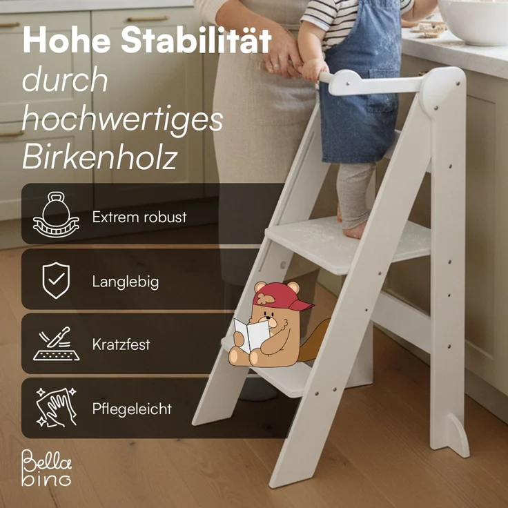 Bellabino 'Tay' Lernturm für Kinder ab 1 Jahr, Tritt 2-fach höhenverstellbar, weiß, Birke Sperrholz, klappbar, Tritthocker bis 50 kg belastbar – Bild 5