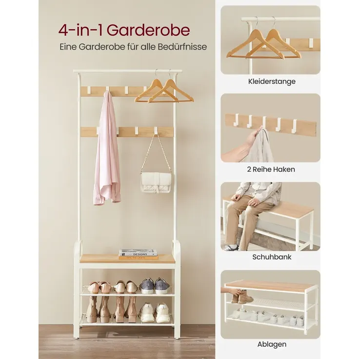 Vasagle Garderobenständer mit 9 Abnehmbaren Haken und mit Sitzfläche, Holz/ Metall weiß/natur, 72 x 183 x 33, HSR40W