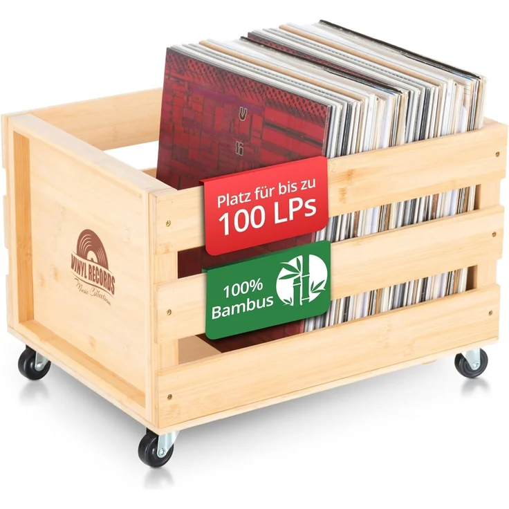 Stagecaptain Holzkiste SPKB-100 Schallplattenkiste "Emil" Bambus 2x Set - Vinyl mit Stil (2er Set), für bis zu 100 LPs - aus Vollholz im Retro-Design
