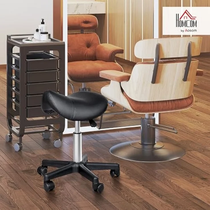 HOMCOM Rollhocker Höhenverstellbarer Drehhocker Arbeitshocker mit Rädern Drehbarer Salonstuhl Sitzhocker Salon Hocker Kunstleder Schwarz 35 x 38 x 43-55H cm – Bild 2