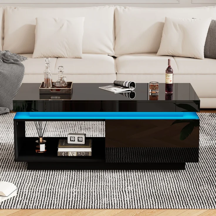 Couchtisch 100x50x40,3 cm mit LED-Beleuchtung und Schublade in Hochglanz-Schwarz – Bild 3