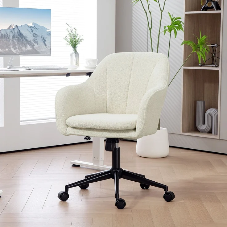 MELAYR, Bürostuhl mit Stoffbezug in Schneeflanelloptik, Schminkstuhl mit gewölbter Rückenlehne, 63 x 60 x 94 cm, Beige – Bild 4