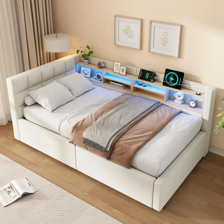 Polsterbett mit LED-Streifen, Lattenrost, Regal, Aufbewahrung, Type-C und USB, gepolsterter Kopfteil, 90x200 cm, Schlafsofa, Tagesbett, Leinen – Bild 2