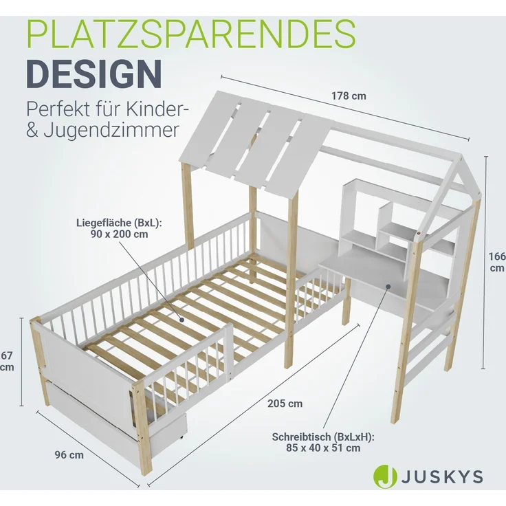 Juskys Kinderbett Yari 90x200 cm - Integrierter Schreibtisch, Praktische Schublade, Massiver Kieferrahmen, Pflegeleicht, 150 kg belastbar - weiß/natur – Bild 3