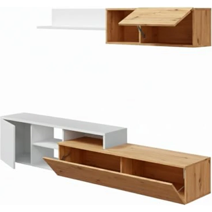 Dmora - Wohnzimmermöbel Miami, Wohnmöbel mit umkehrbarem TV-Ständer, Wohnzimmerkomposition mit Schrankwand und Regal, 220 x 40 x 44 cm, Eiche mit Asteffekt und Weiß – Bild 8