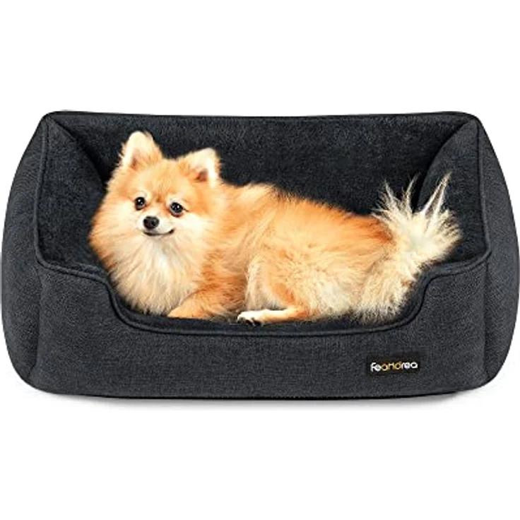 Feandrea Hundebett, Hundekissen in Leinenoptik, Hundekorb, erhöhte Ränder, rutschfeste Unterseite, Bezug abnehmbar waschbar, M, für kleine Hunde, 70 x 55 x 21 cm, dunkelgrau PGW010G01 – Bild 2