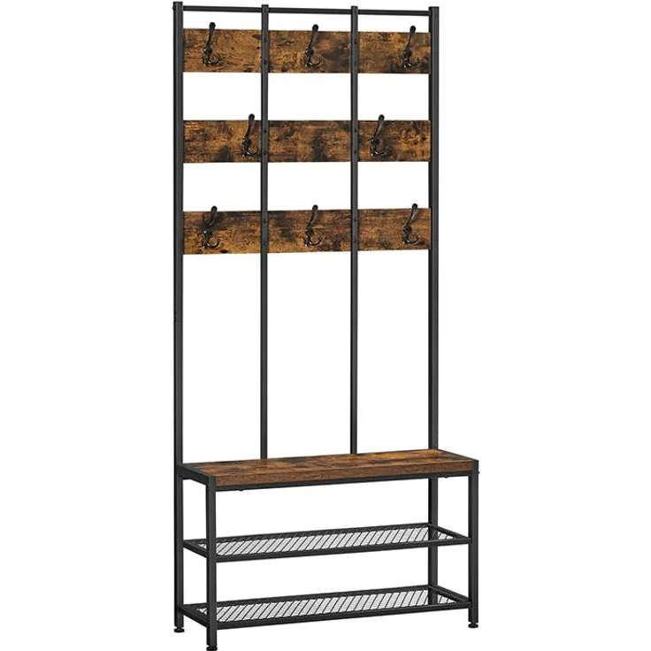 Vasagle Garderobenständer, Kleiderständer, mit 8 Haken und Sitzfläche, 2 Gitterablagen, im Flur, Wohnzimmer, Metallrahmen, Industriestil, vintagebraun-schwarz,von Songmics HSR087B01