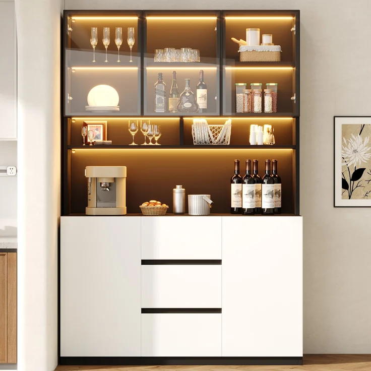 Flieks LED Vitrine 120 x 38 x 200 cm, Küchenbuffet, grauen Glastüren, offenen Fächern, 2 Türen und 3 Schubladen, Schwarz-Weiß – Bild 2