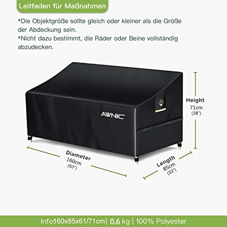 Awnic Abdeckung für 2 Sitzer Lounge Sofa Outdoor Rattansofa Abdeckung Schutzhülle für Gartensofa Wasserdicht 420D Polyester 160 x 85 x 61/71cm – Bild 3