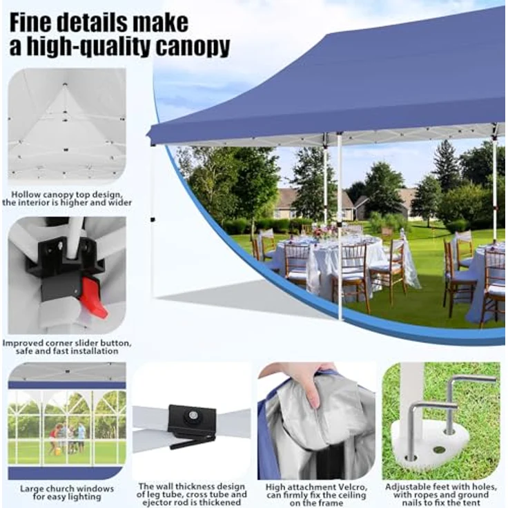 COBIZI Faltpavillon 3X6, Pavillon 3x6 m Wasserdicht Stabil Winterfest, Faltbar Partyzelt mit 6 Seitenwänden & 4 Sandsack Pop up Gartenpavillon Anti-UV für Hochzeiten, Freien, Marineblau – Bild 4