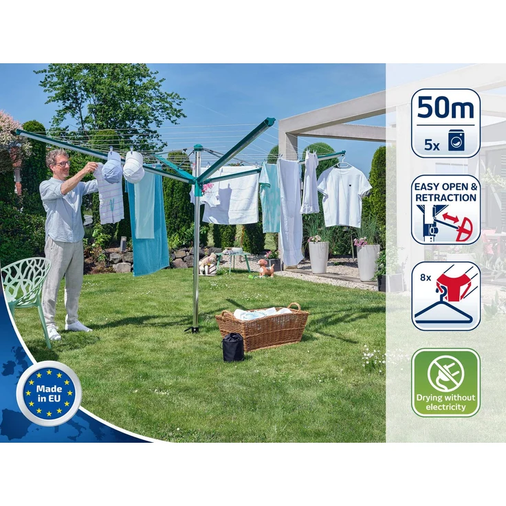 Leifheit 'Linomatic 500 Deluxe' Wäscheschirm, Easy-Lift-System, 50 m Leinenlänge, Aluminium,Kunststoff,Kunstfaser Silber/Grün, 231,9 x 231,9 x 174 cm cm – Bild 2