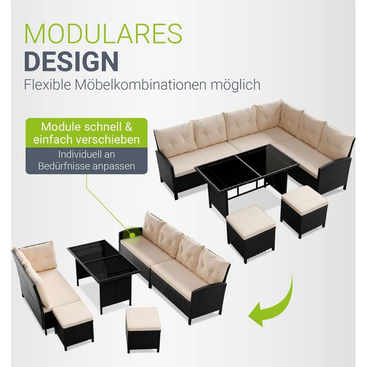Juskys Polyrattan Lounge Manacor schwarz – Gartenlounge mit Sofa, Tisch, 2 Hocker & Kissen, inkl. Abdeckung – Gartenmöbel Set bis 8 Personen – Sitzbezüge in Creme – Bild 6