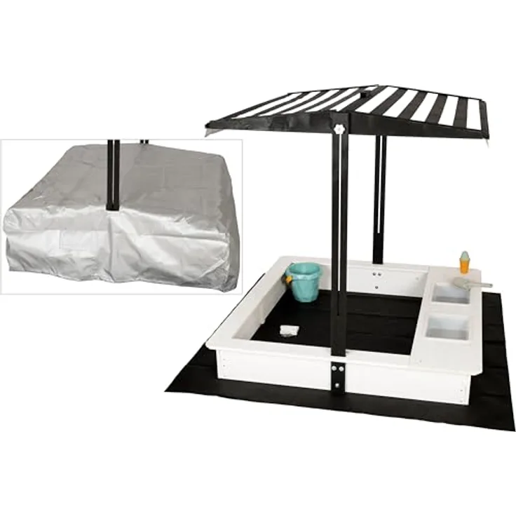 WONDERMAKE Sandkasten mit Abdeckung und Dach, 2x Matschküche, quadratisch aus lasiertem Fichte-Holz, schwarz-weiß, 113x113 cm, verschließbar