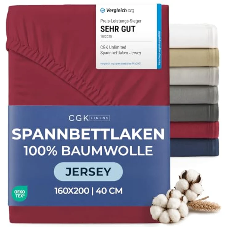 Spannbettlaken Jersey 160x200 - Baumwolle Boxspringbett 40cm - Bordeaux | Spannbetttuch, Rundumgummi, Dehnbar, Weich, Atmungsaktiv, Knitterfrei, Pflegeleicht, Baumwoll-Jersey, Bis 40cm, OEKO-TEX – Bild 1