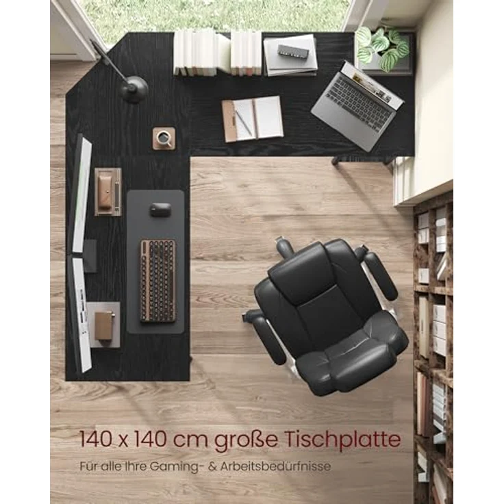 VASAGLE Schreibtisch, L-förmiger Computertisch, 140 x 140 x 76 cm, Eckschreibtisch, platzsparender Bürotisch, Gaming, Homeoffice, einfacher Aufbau, ebenholzschwarz-tintenschwarz LWD073B56V1 – Bild 4