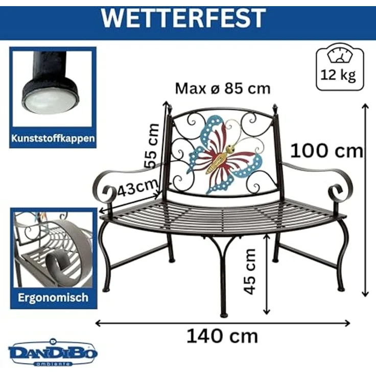 DanDiBo Baumbank Halbrund Wetterfest Metall Braun 96594 Gartenbank Viertelkreis Eisen Bank Garten Antik – Bild 2