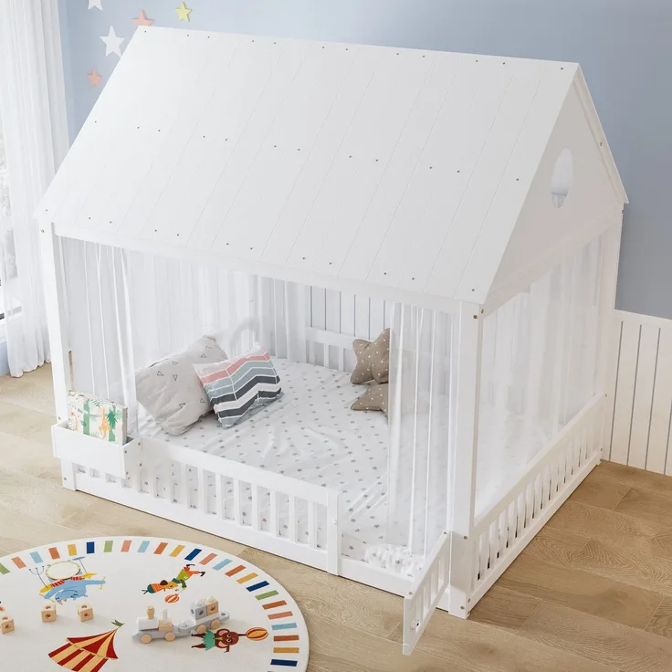 Hausbett mit Lattenrost, Bettvorhang, Zaun, Dach, Tür und Aufbewahrungsbox, 140x200 cm, Kinderbett mit Rausfallschutz, Massivholzbett, Kiefer