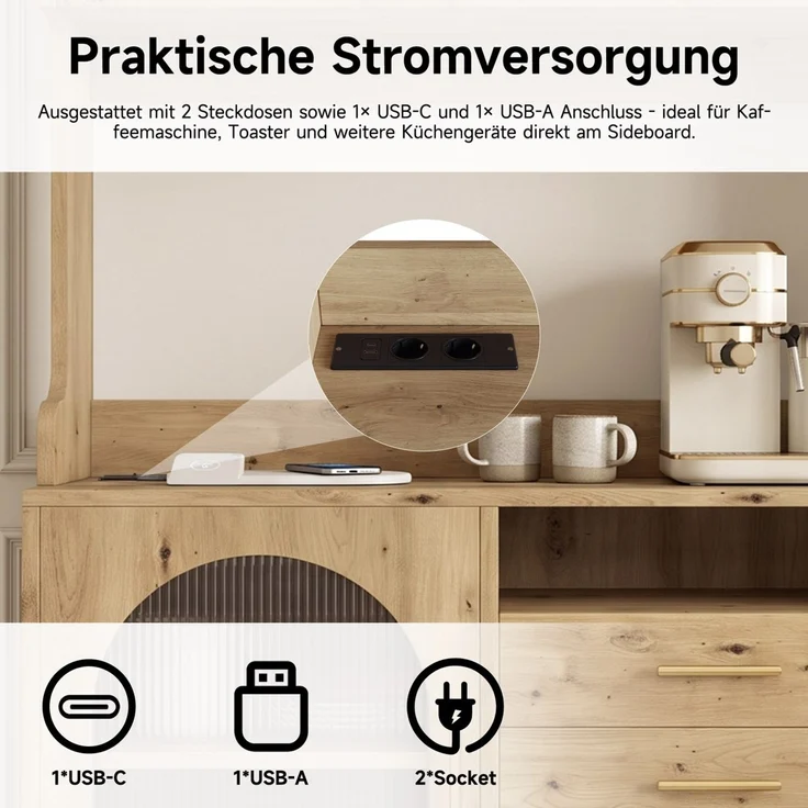 Buffetschränke, Esszimmer-Hochschrank 100.5*40*178 cm, mehrstufigem Stauraum, integrierter Steckdose sowie USB-C- und USB-A-Anschlüssen, Holzfarbe--Holz--100.5x40x178cm--YOUDENOVA – Bild 6