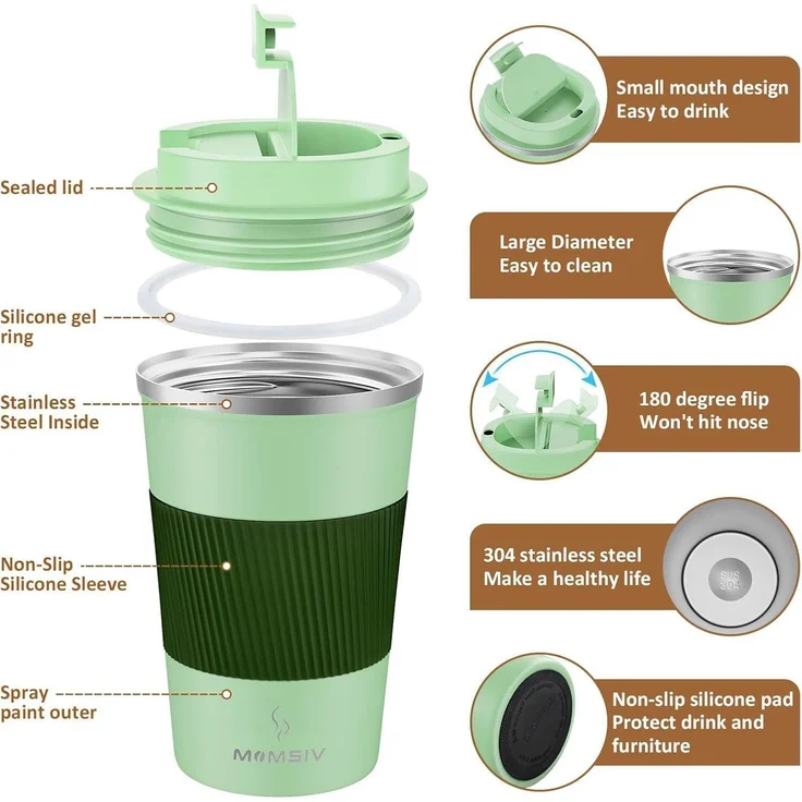 Thermobecher Isolierbecher 380ml Edelstahl Kaffeebecher Doppelwandig Vakuum Grün – Bild 2
