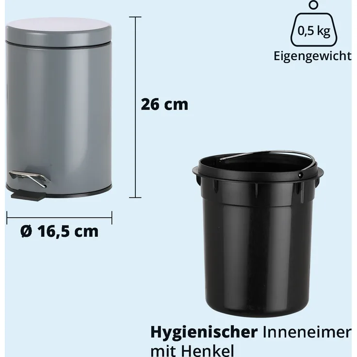 KHG Mülleimer Bad, Kosmetikeimer 3l | Abfalleimer Treteimer aus Aluminium in glänzendem Grau | herausnehmbarer Inneneimer, ideal für Küche, Badezimmer, Büro
