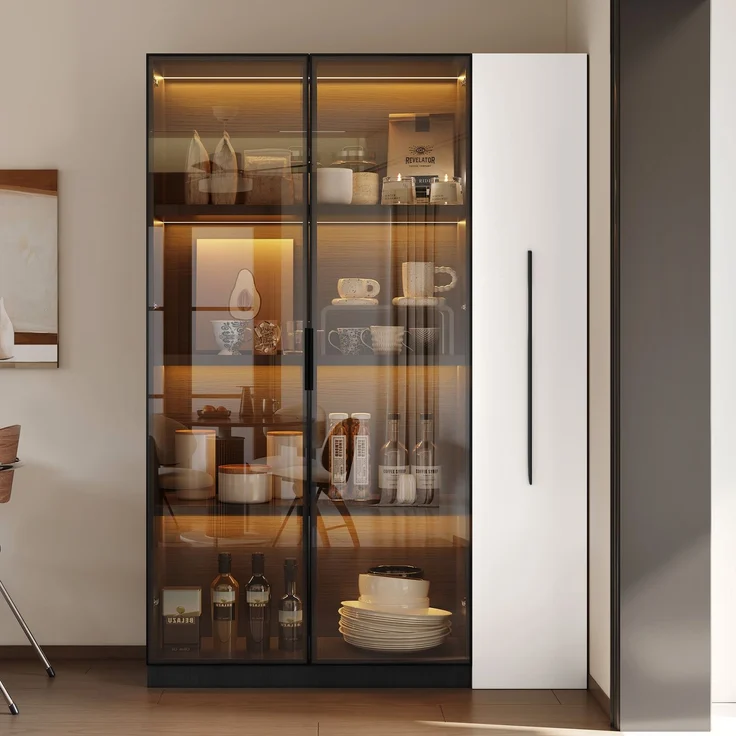 Flieks LED Vitrinenschrank 110.5×35×160 cm, Multifunktionsschrank mit Glasvitrine, Bücherregal & Aufbewahrungsschrank, Rollschrank schwarz & weiß – Bild 2