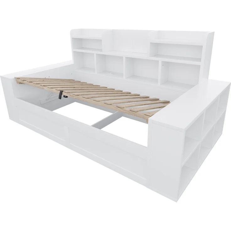 Abrihome multifunktionales Schlafsofa aus Holz, Weiß, 90x200 cm, Hydraulik-Stauraum, LED, Steckdose – Bild 7