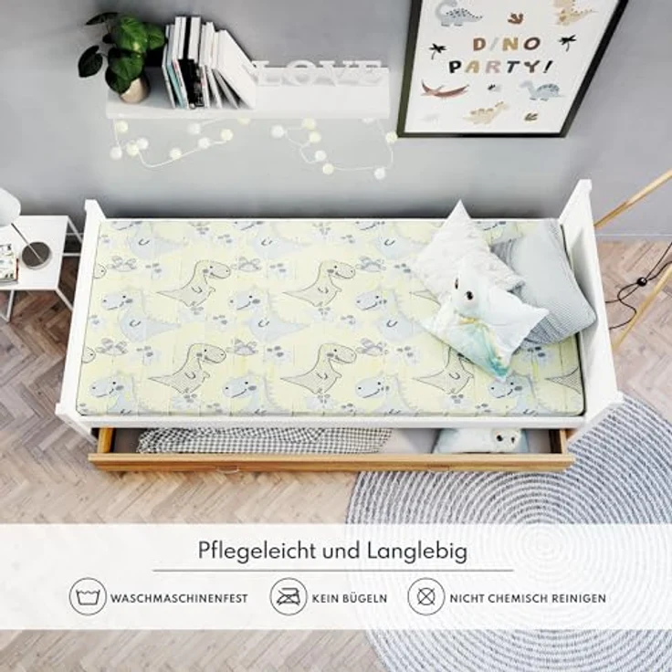 FDM Somnia Kindermatratze 80x190 cm Kaltschaummatratze Höhe 10 cm Härtegrad H3 Öko-Tex Allergikergeeignet Bezug Waschbar Matratzenbezug Dino – Bild 6