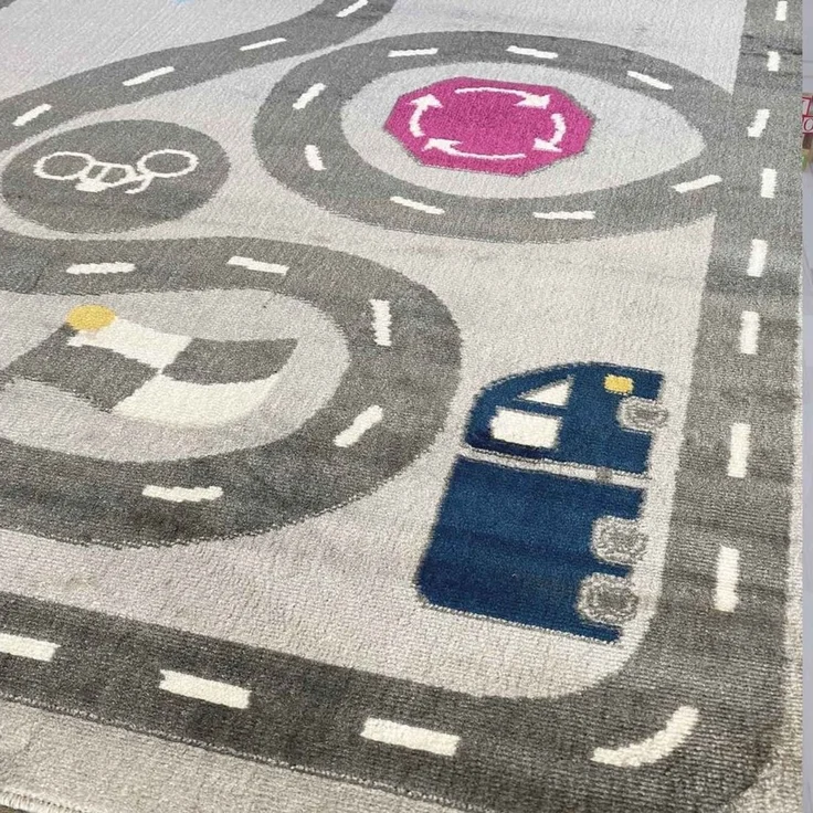 Vimoda Kinderteppich Mondol, Teppich Kinderzimmer mit Auto, Strasse Muster, Rechteckig, Höhe: 8 mm, Spielteppich für kinder, Auto und Straße Muster in Blau & Grau – Bild 4