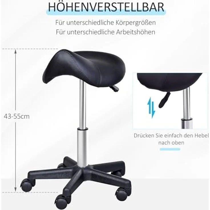 HOMCOM Rollhocker Höhenverstellbarer Drehhocker Arbeitshocker mit Rädern Drehbarer Salonstuhl Sitzhocker Salon Hocker Kunstleder Schwarz 35 x 38 x 43-55H cm – Bild 3