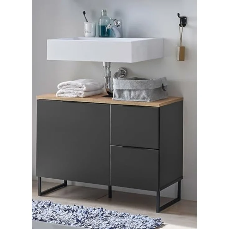 moebel-dich-auf Waschbeckenunterschrank Aspen 80 80 x 60 x 35 cm, Schwarz matt, Oberboden: Evoke Eiche – Bild 2