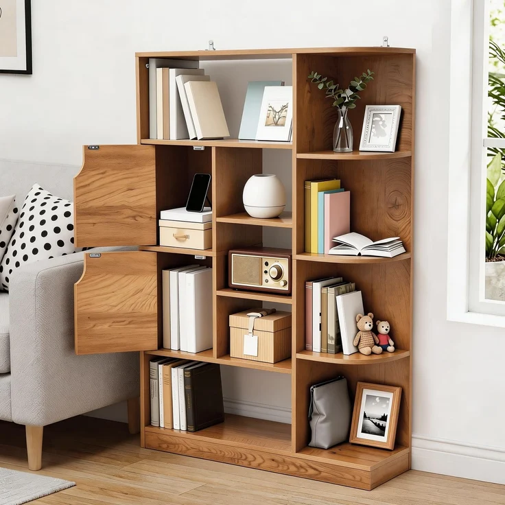 YITAHOME Freistehendes Bücherregal mit 9 offenen Regalböden und 2 Türen (Stoffbezug) für Wohnzimmer, Schlafzimmer, Büro, Eichenfarbe, 80 × 24 × 120 cm (B × T × H) – Bild 1
