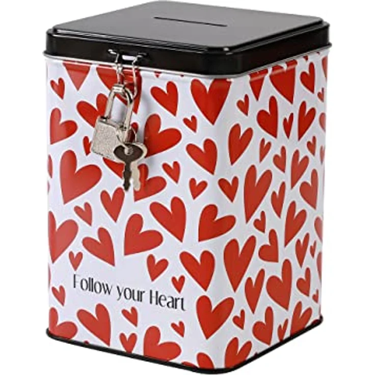 I-TOTAL® – Lustige Spardose mit Vorhängeschloss und Schlüssel, Sparbüchse aus Metall mit Verschluss (Follow Your Heart) – Bild 2