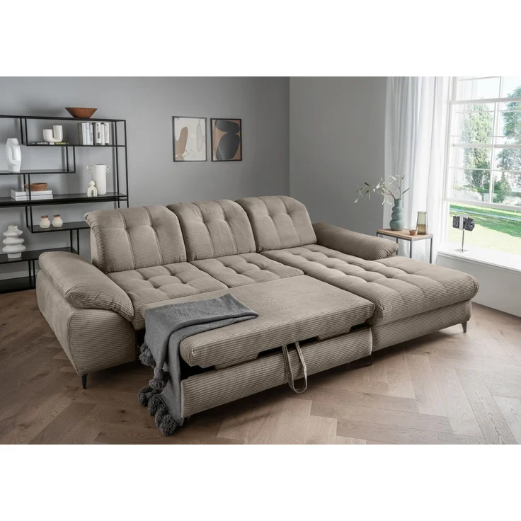 Polsterecke >Devland< Schlaffunktion, Stauraum, Cord grau-braun - 273x105x189cm (BxHxT) – Bild 2