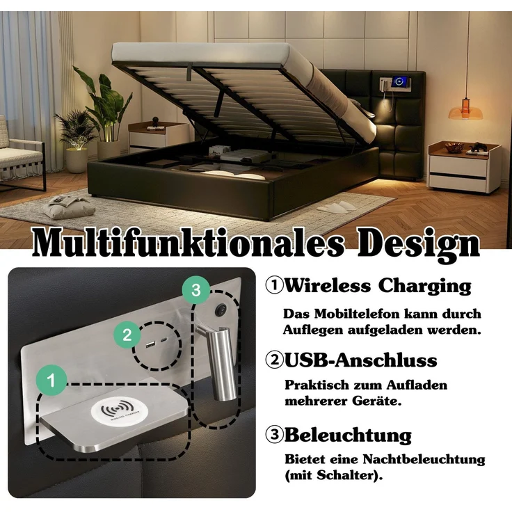 Polsterbett mit LED-Beleuchtung, Wireless Charger und Stauraum, extra breites Kopfteil mit Spots, Type-C und USB Anschlüssen, 180x200 cm, gepolsterter Kopfteil, Doppelbett, Stauraumbett, Kunstleder – Bild 4