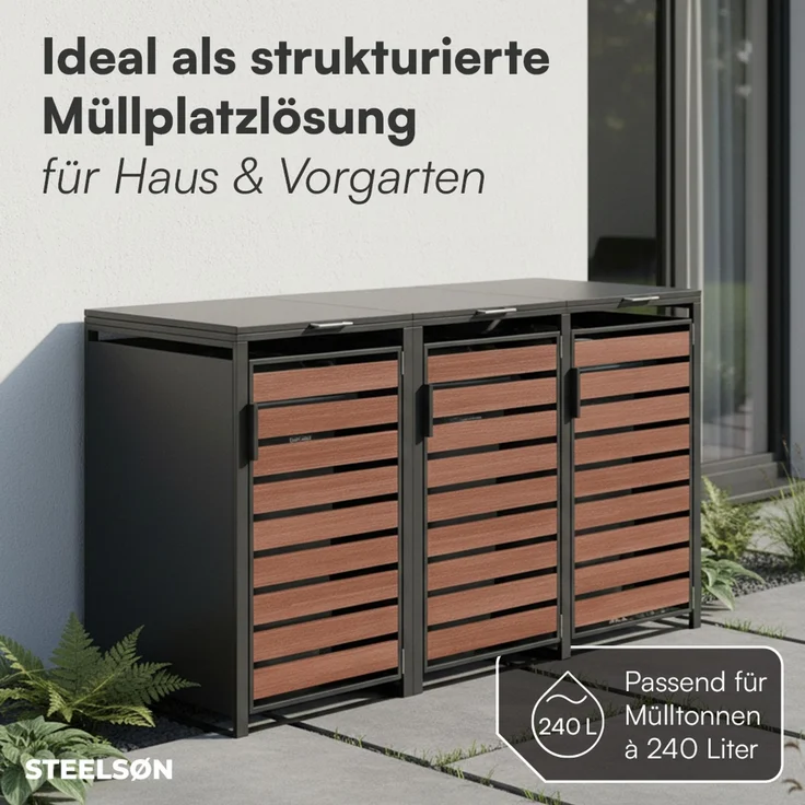 STEELSØN 'Kestra' Mülltonnenbox 3er je 240 Liter, graphitschwarz mit Nußbaum-Holzoptik, Mülltonnenverkleidung aus Stahl, wetterfest, 116x80x203 cm, Müllbox für 3 Tonnen – Bild 3
